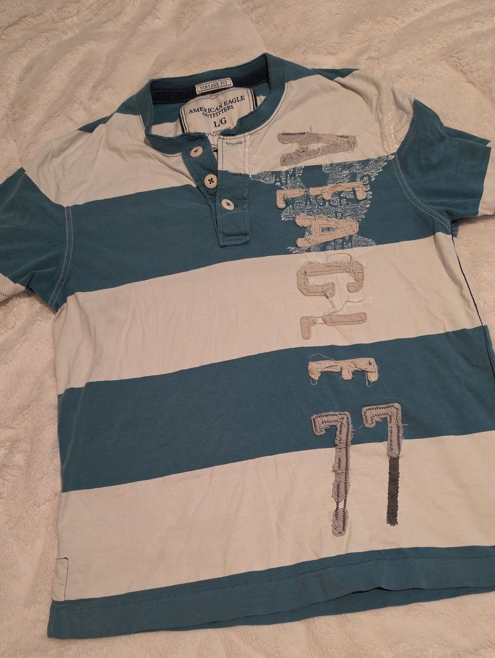 American Eagle Outfitters Blue & White Striped Henley Embroided Tee